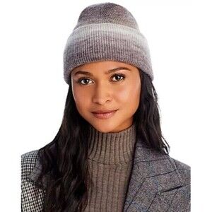 AQUA Hat Womens Brown Ombre Stripe Ribbed Beanie Cuff Stretch Neutral $68